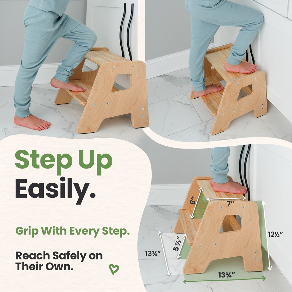 2-Step Wooden Toddler Step Stool – Non-Slip for Kitchen, Bath & Bed