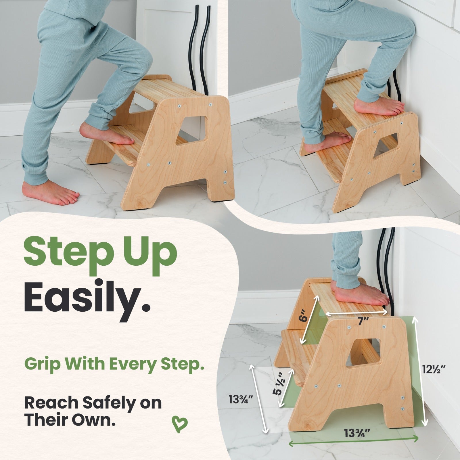 2-Step Wooden Toddler Step Stool – Non-Slip for Kitchen, Bath & Bed