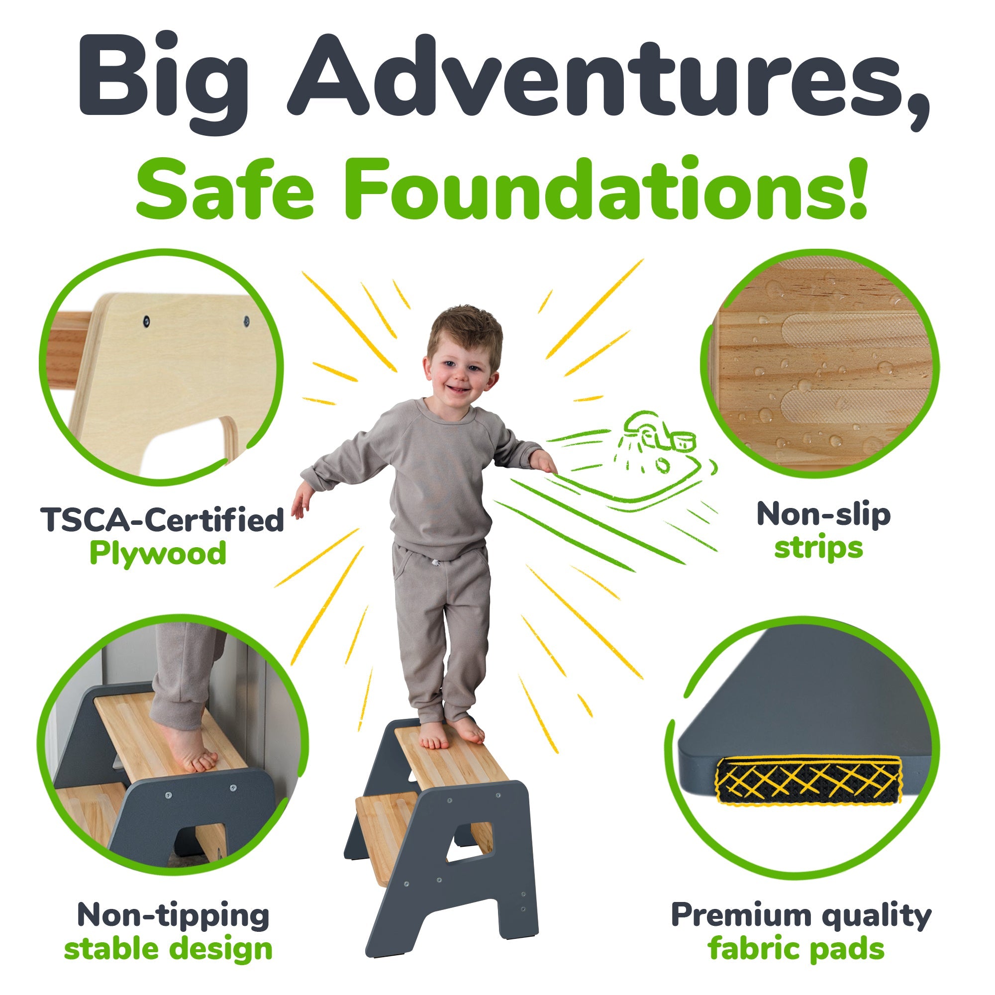 2-Step Wooden Toddler Step Stool – Non-Slip for Kitchen, Bath & Bed