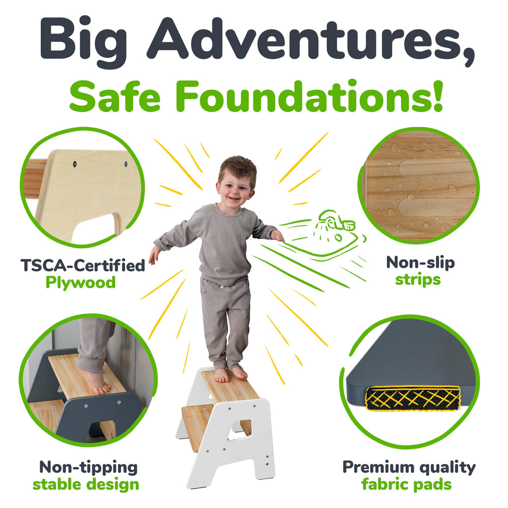 2-Step Wooden Toddler Step Stool – Non-Slip for Kitchen, Bath & Bed