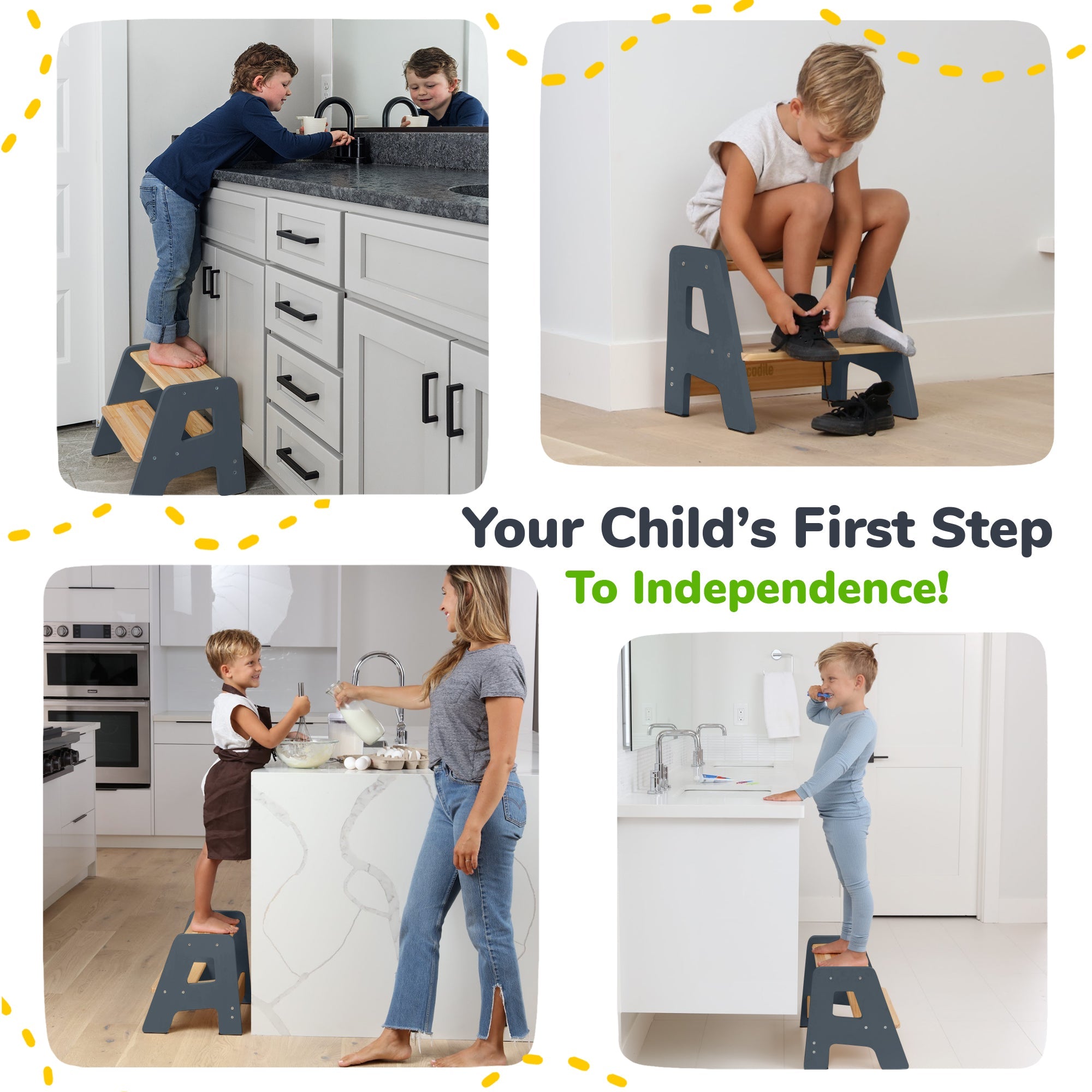 2-Step Wooden Toddler Step Stool – Non-Slip for Kitchen, Bath & Bed