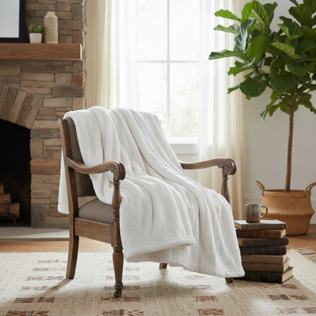 Ivory Faux Fur Sherpa Throw Blanket – Ultra Soft & Cozy