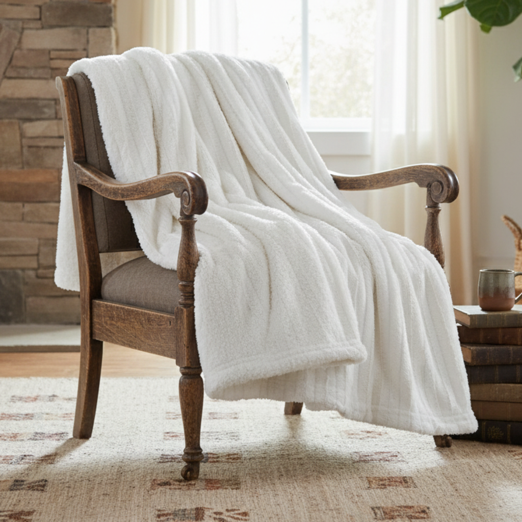 Ivory Faux Fur Sherpa Throw Blanket – Ultra Soft & Cozy