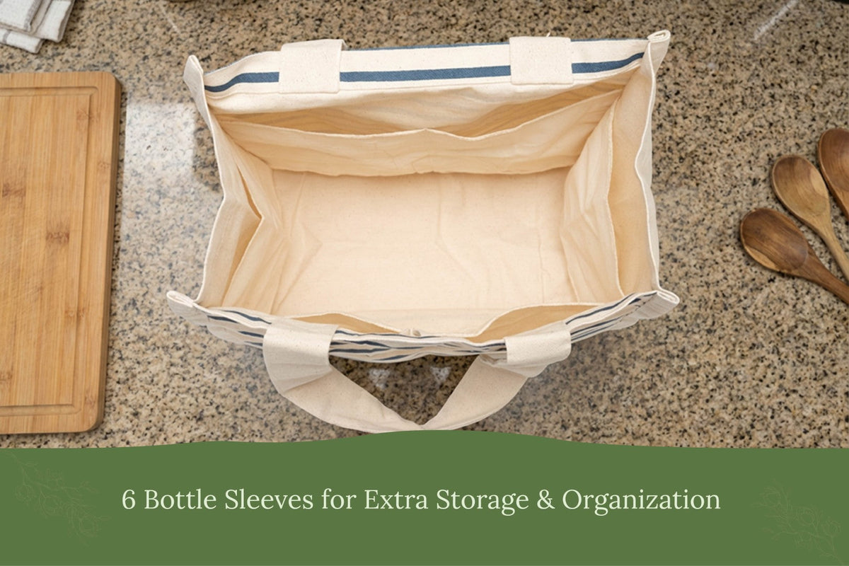 Organic Cotton Canvas Grocery Tote Bag – Reusable with 6 Bottle Sleeves