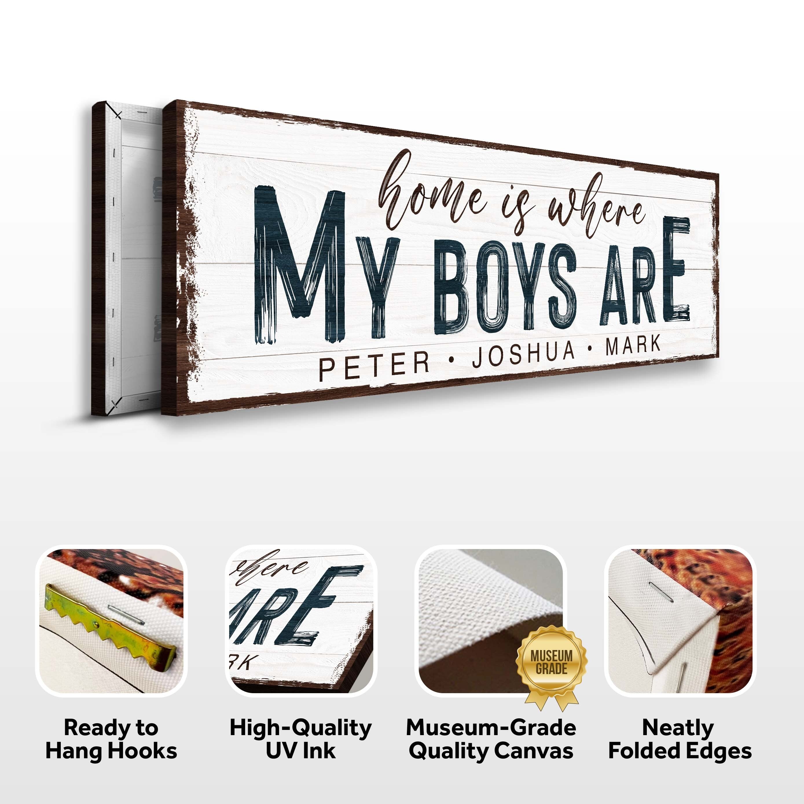 "Home Is Where My Boys Are" — Personalized Family Canvas Sign