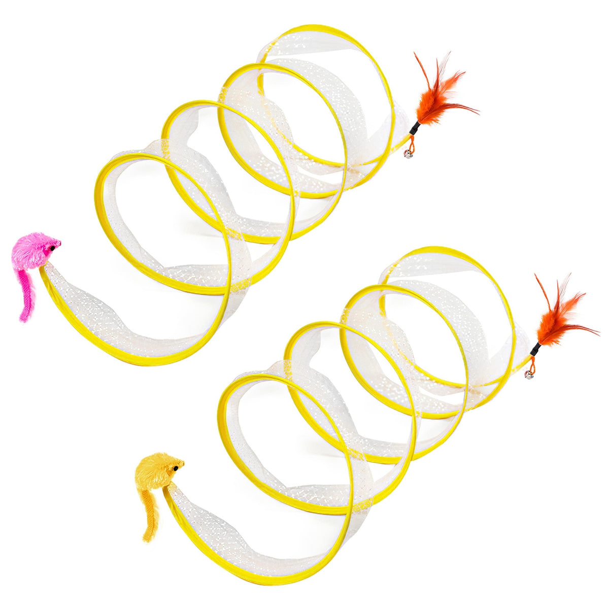 Foldable Cat Tunnel Set (2 Pack) – Collapsible Spring Tube with Bell, Feather & Mouse Toys