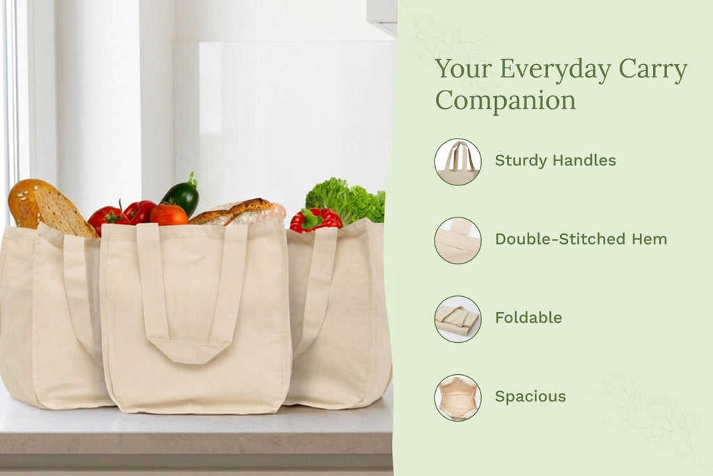 Organic Cotton Canvas Grocery Tote Bag – Reusable with 6 Bottle Sleeves