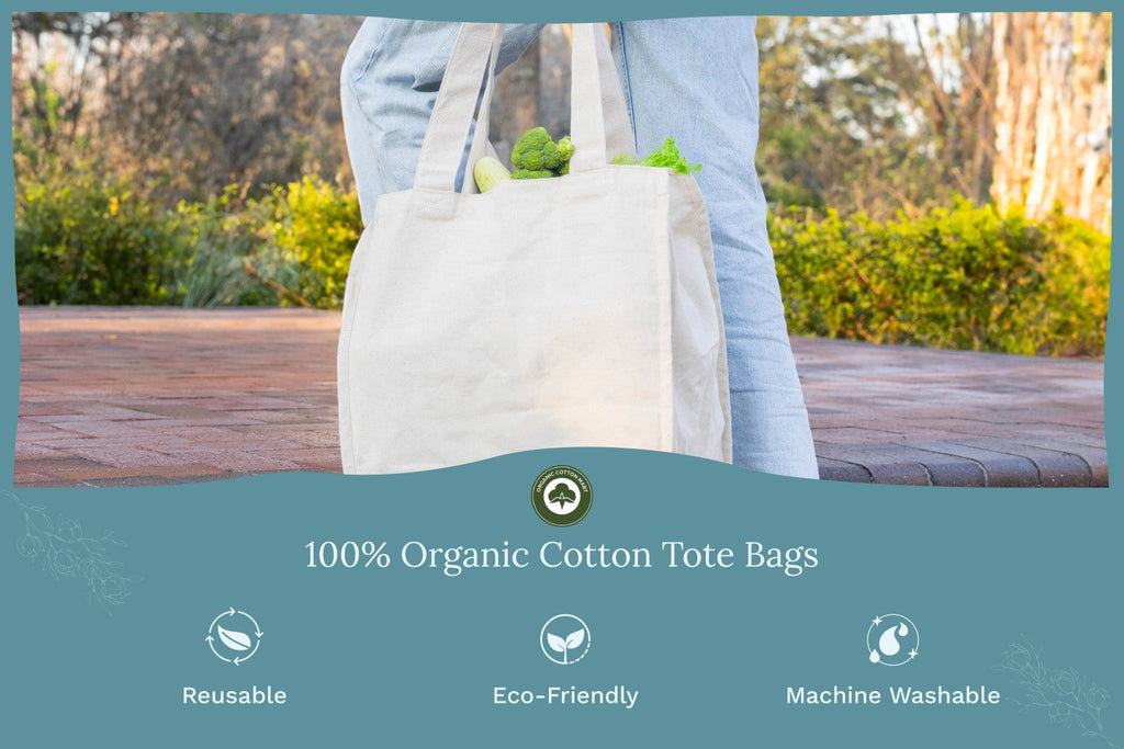 Organic Cotton Canvas Grocery Tote Bag – Reusable with 6 Bottle Sleeves