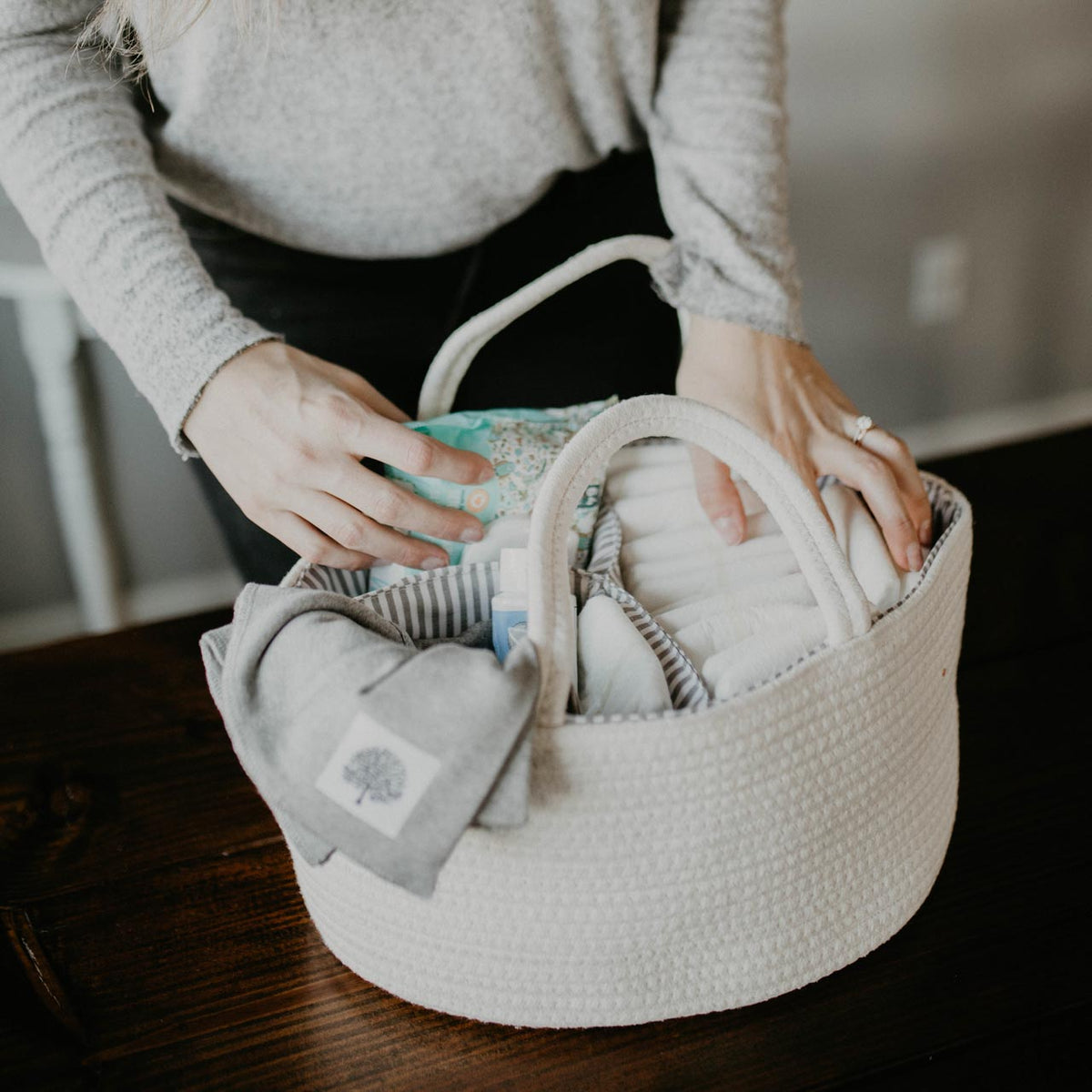 Rope Diaper Caddy Organizer – Stylish Baby Essential Storage for Nursery