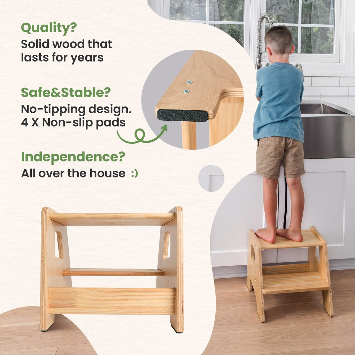 2-Step Wooden Toddler Step Stool – Non-Slip for Kitchen, Bath & Bed