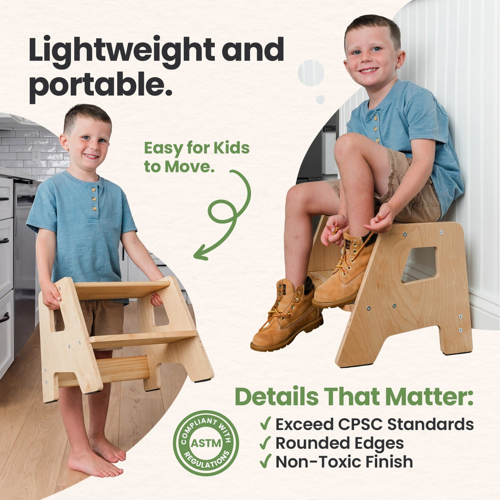 2-Step Wooden Toddler Step Stool – Non-Slip for Kitchen, Bath & Bed
