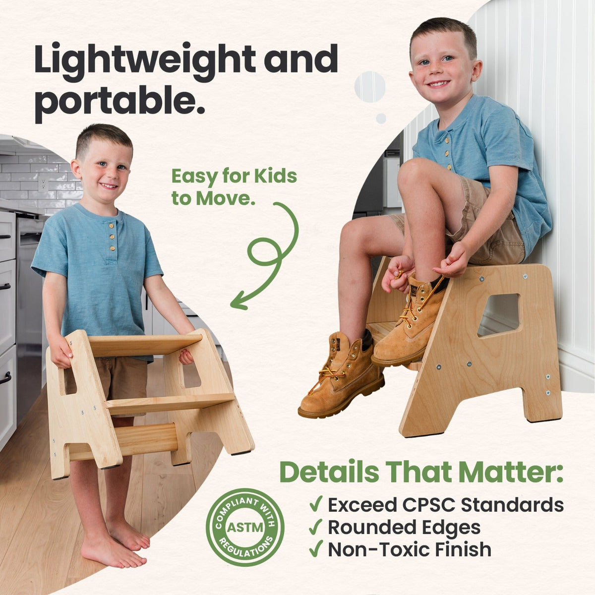 2-Step Wooden Toddler Step Stool – Non-Slip for Kitchen, Bath & Bed