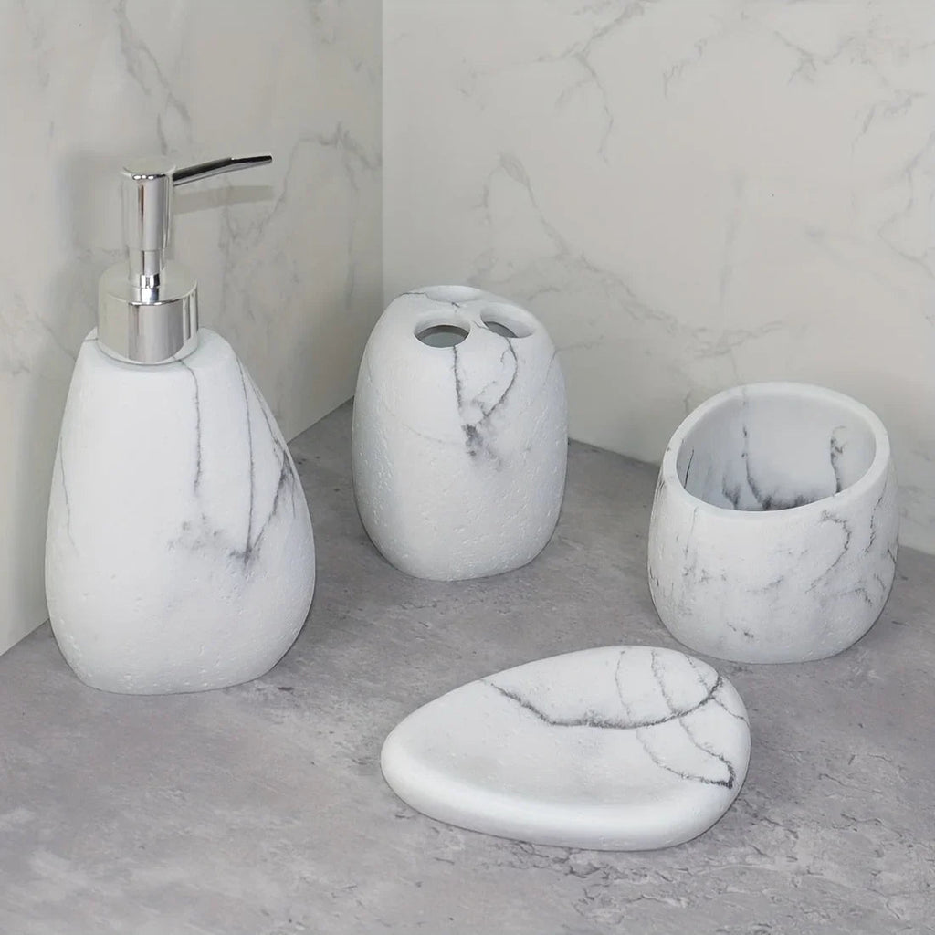 Elegant Marble Texture Resin Soap Dispenser, Manual Pump - Reusable Bathroom Liquid Dispenser Bottle for Hand Soap, Shampoo and Lotion - Slim White Design with