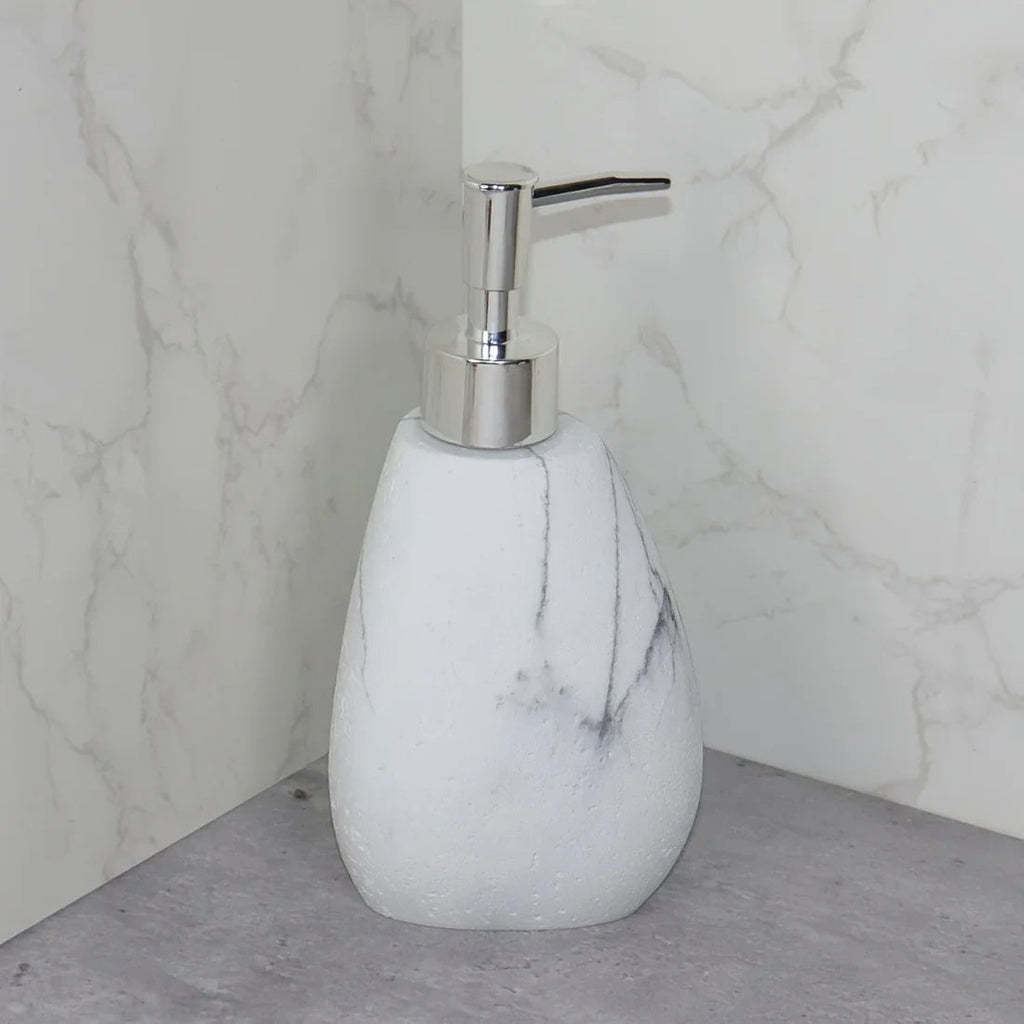 Elegant Marble Texture Resin Soap Dispenser, Manual Pump - Reusable Bathroom Liquid Dispenser Bottle for Hand Soap, Shampoo and Lotion - Slim White Design with