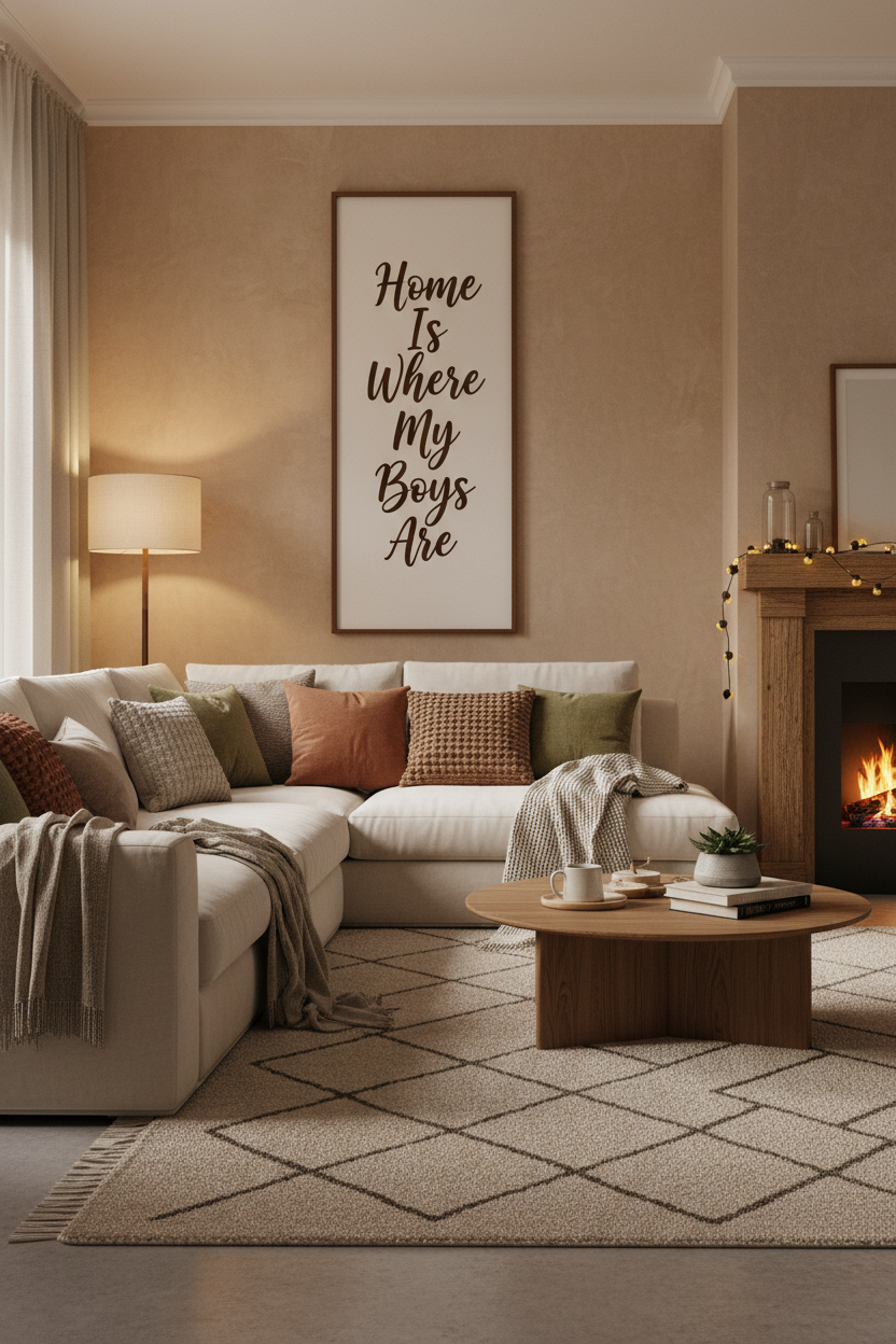 Cozy living room with Home Is Where My Boys Are canvas sign on the wall