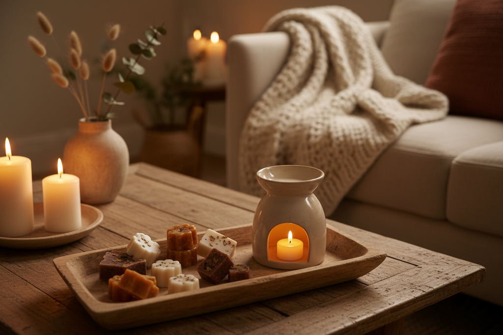 Cozy home setting with wax melts on a wooden tray beside a wax warmer